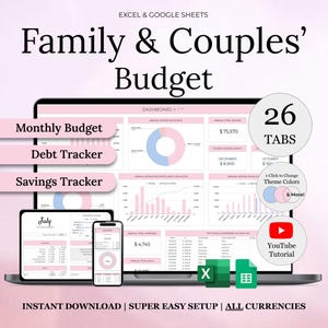Family Annual Budget Excel Spreadsheet | Google Sheets Budget Template | Couple Monthly Budget | Debt Tracker | Savings | Financial Planner