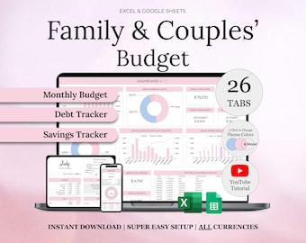 Family Annual Budget Excel Spreadsheet | Google Sheets Budget Template | Couple Monthly Budget | Debt Tracker | Savings | Financial Planner