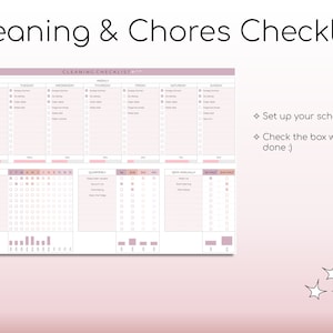 May include: A pink and white printable cleaning and chores checklist with a weekly, monthly, quarterly, and semi-annual schedule. The checklist includes boxes to check off tasks and a section for notes. The text "Set up your schedule" and "Check the box when done :)" is included on the checklist.