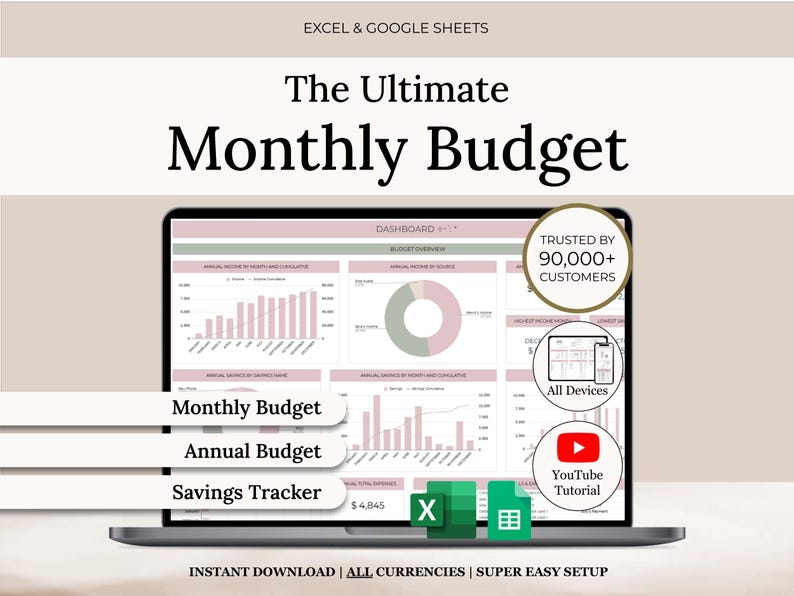 May include: A laptop screen displays a financial dashboard titled "The Ultimate Monthly Budget." The screen shows charts and graphs for monthly, annual, and savings tracking. Text includes "Trusted by 90,000+ Customers" and "All Devices."