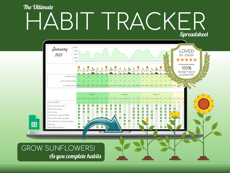 Puede incluir: Una hoja de c&aacute;lculo de seguimiento de h&aacute;bitos digital con fondo verde. La hoja de c&aacute;lculo tiene un calendario con casillas de verificaci&oacute;n para cada d&iacute;a del mes. La hoja de c&aacute;lculo tambi&eacute;n tiene un gr&aacute;fico que muestra el progreso a lo largo del tiempo. El texto "The Ultimate Habit Tracker Spreadsheet" est&aacute; en la parte superior de la imagen. El texto "January 2023" est&aacute; en la esquina superior izquierda de la imagen. El texto "Grow Sunflowers! As you complete habits" est&aacute; en la parte inferior de la imagen.
