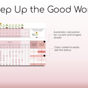 May include: A pink and white calendar with a grid of squares for each day of the week. Each square has a checkbox that can be checked off. The calendar is labeled "Week 4" and has a section for tracking current and longest streaks. The text "Keep Up the Good Work!" is at the top of the image.