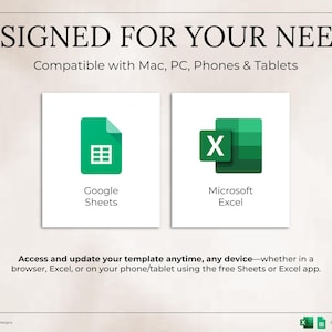 May include: Image promoting compatibility with Google Sheets and Microsoft Excel. The text reads "DESIGNED FOR YOUR NEEDS" and "Compatible with Mac, PC, Phones & Tablets." The image also states "Access and update your template anytime, any device."