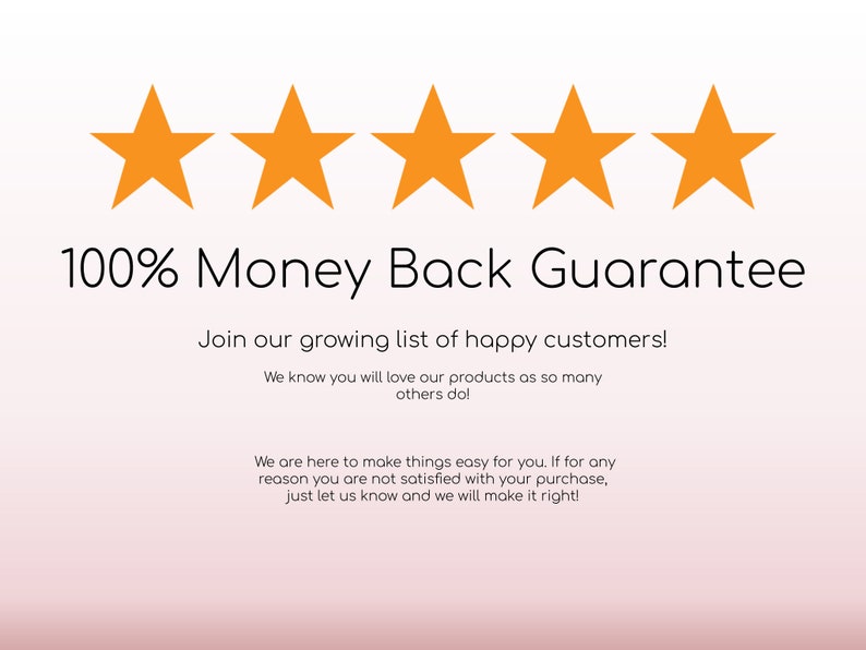 May include: Five orange stars with the text "100% Money Back Guarantee" and a message about joining a growing list of happy customers. The text also states that the seller is here to make things easy and will make it right if a customer is not satisfied with their purchase.