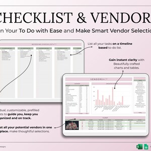 May include: A digital wedding planning checklist and vendor list displayed on a tablet. The image features a pink and white colour scheme with the text "CHECKLIST & VENDORS". The checklist includes tasks, while the vendor list shows charts and tables.