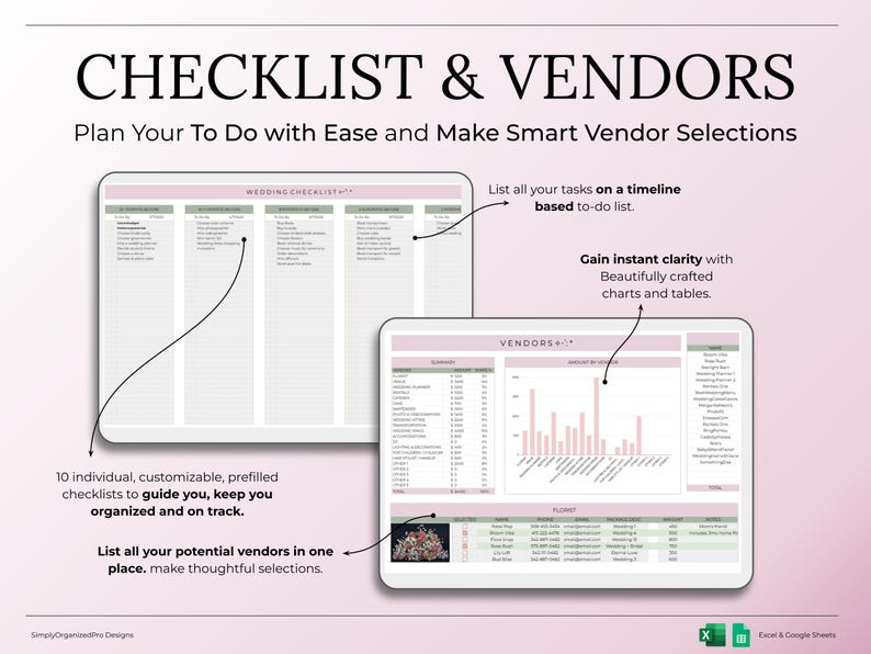 May include: A digital wedding planning checklist and vendor list displayed on a tablet. The image features a pink and white colour scheme with the text "CHECKLIST & VENDORS". The checklist includes tasks, while the vendor list shows charts and tables.
