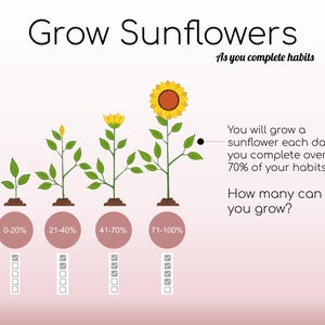 May include: A motivational graphic with a sunflower growing in stages. The graphic shows how completing 70% or more of your daily habits will help you grow a sunflower each day. The text reads "Grow Sunflowers As you complete habits You will grow a sunflower each day you complete over 70% of your habits. How many can you grow?"