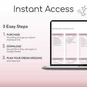 May include: A pink and white wedding checklist printable with a laptop computer in the background. The checklist is divided into sections for different time periods before the wedding, such as 9 months before, 6 months before, 3 months before, 2 months before, 1 month before, 2 weeks before, and 1 week before. The checklist includes tasks such as booking the venue, choosing a photographer, sending save the dates, and ordering flowers.
