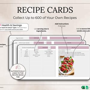 May include: Digital recipe card template with the title "RECIPE CARDS" and the ability to collect up to 600 recipes. The template includes sections for ingredients, instructions, and images. It also features health and savings benefits.