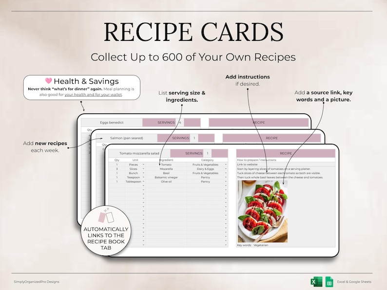 May include: Digital recipe card template with the title "RECIPE CARDS" and the ability to collect up to 600 recipes. The template includes sections for ingredients, instructions, and images. It also features health and savings benefits.