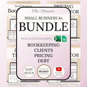Op de afbeelding: Een digitale productbundel voor kleine bedrijven, met Excel- en Google Sheets-sjablonen. De afbeelding toont de tekst "SMALL BUSINESS 4x BUNDLE" met secties voor boekhouding, klanten, prijzen en schulden.