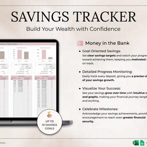 May include: A laptop screen displays a savings tracker with charts and graphs. The text "SAVINGS TRACKER" and "Build Your Wealth with Confidence" are at the top. Features include goal-oriented savings, progress monitoring, and success visualization. Up to 10 savings goals are available.