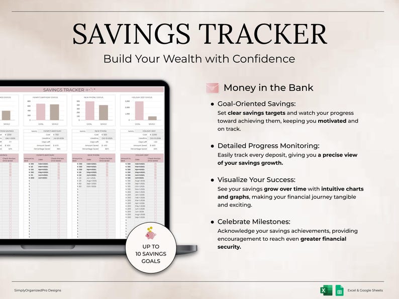 May include: A laptop screen displays a savings tracker with charts and graphs. The text "SAVINGS TRACKER" and "Build Your Wealth with Confidence" are at the top. Features include goal-oriented savings, progress monitoring, and success visualization. Up to 10 savings goals are available.