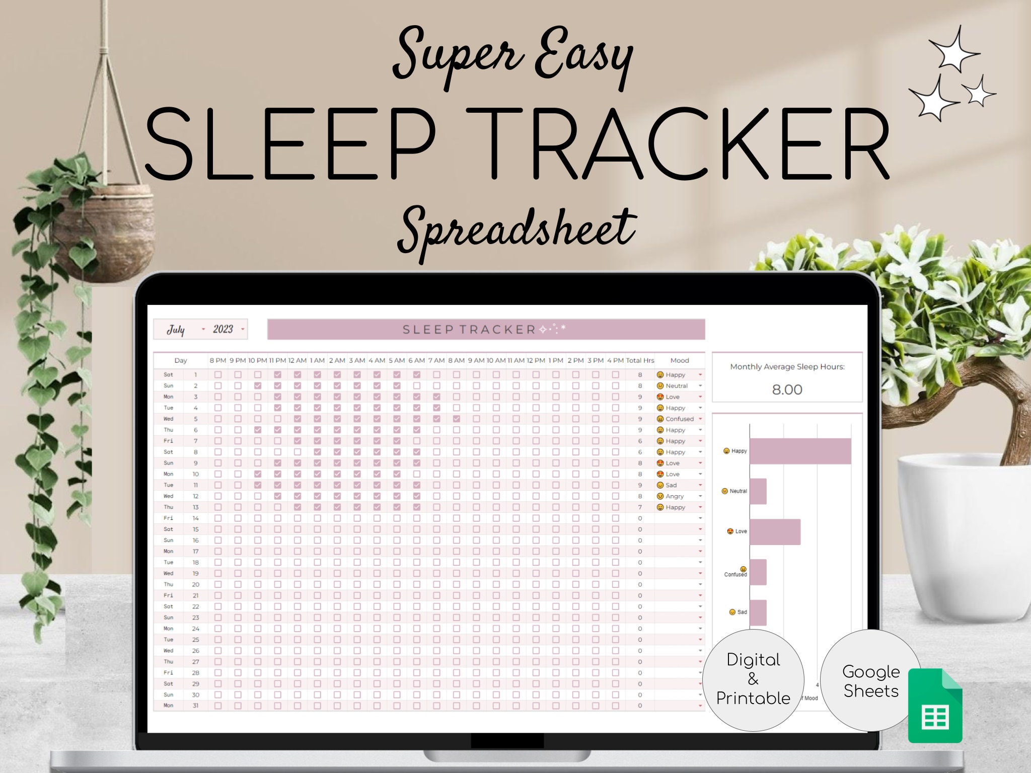 Sleep Tracker Printable | Monthly, Daily Sleep Journal | PDF | Sleep Quality Log | Sleep Hours Planner | Google Sheets Template | Editable