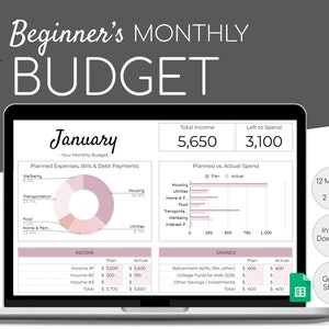 Beginner's Monthly Budget Spreadsheet | Simple Annual Budget | Personal Finances Excel | Easy Google Sheets | Financial Planner