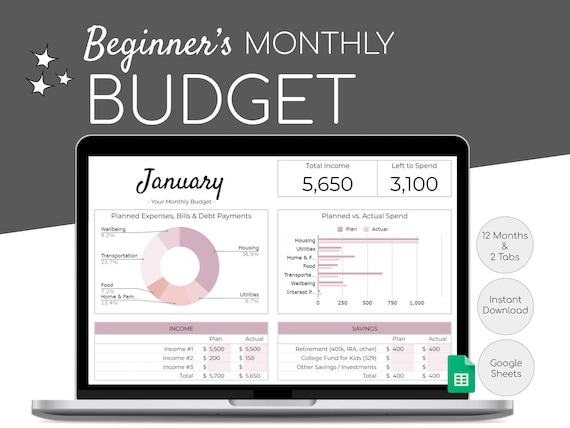 Beginner's Monthly Budget Spreadsheet | Simple Annual Budget | Personal Finances Excel | Easy Google Sheets | Financial Planner