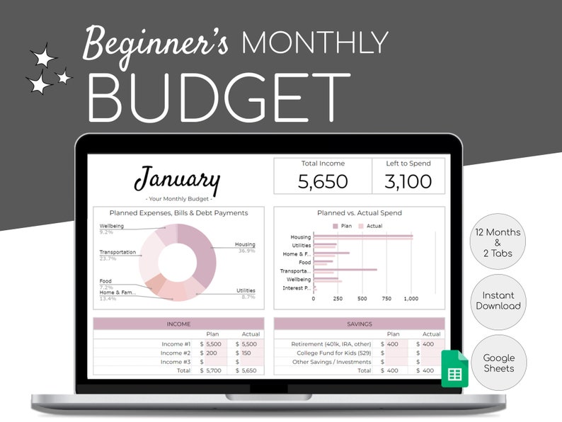 May include: A laptop screen displaying a monthly budget spreadsheet with a pie chart showing planned expenses, bills, and debt payments. The spreadsheet includes sections for income, savings, and planned vs. actual spending. The title of the spreadsheet is "January - Your Monthly Budget".