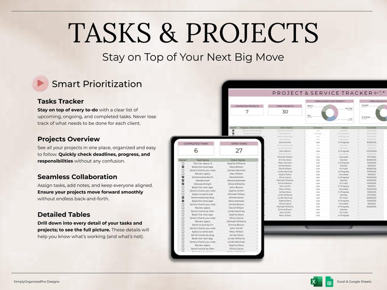 May include: A digital project management graphic with the text "TASKS & PROJECTS" and "Stay on Top of Your Next Big Move." The image shows a laptop and tablet displaying project tracking spreadsheets. The image also includes the text "Smart Prioritization."