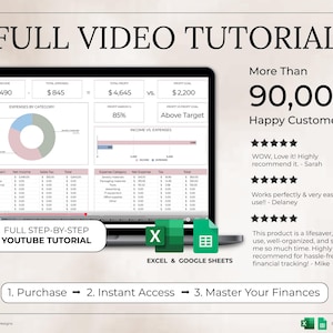 K&ouml;nnte beinhalten: Ein Laptop-Bildschirm zeigt Finanzdaten mit Diagrammen und Tabellen, einschlie&szlig;lich Einnahmen, Ausgaben und Gewinnmarge. Das Bild wirbt f&uuml;r ein vollst&auml;ndiges Video-Tutorial mit &uuml;ber 90.000 zufriedenen Kunden und Excel & Google Sheets.