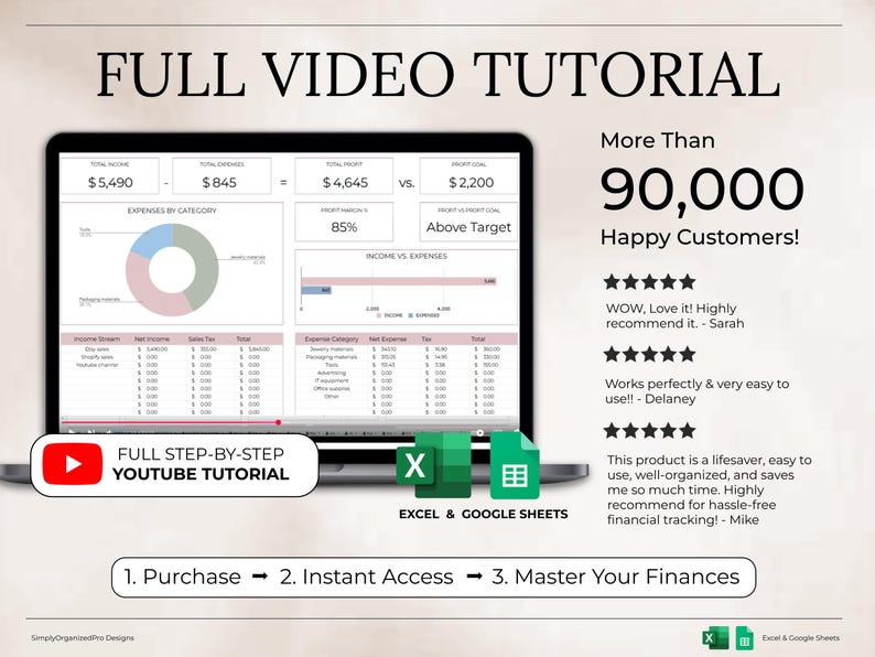 K&ouml;nnte beinhalten: Ein Laptop-Bildschirm zeigt Finanzdaten mit Diagrammen und Tabellen, einschlie&szlig;lich Einnahmen, Ausgaben und Gewinnmarge. Das Bild wirbt f&uuml;r ein vollst&auml;ndiges Video-Tutorial mit &uuml;ber 90.000 zufriedenen Kunden und Excel & Google Sheets.