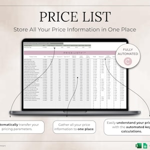 May include: A laptop screen displays a price list with the title "PRICE LIST" and the text "Store All Your Price Information in One Place." The screen shows a spreadsheet with product details and pricing information. The image includes the text "Automatically transfer your pricing parameters."