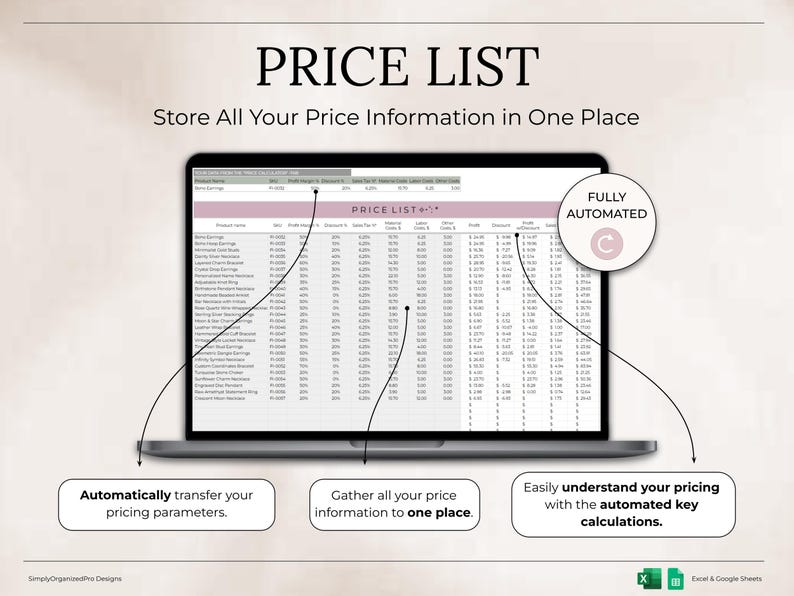 May include: A laptop screen displays a price list with the title "PRICE LIST" and the text "Store All Your Price Information in One Place." The screen shows a spreadsheet with product details and pricing information. The image includes the text "Automatically transfer your pricing parameters."