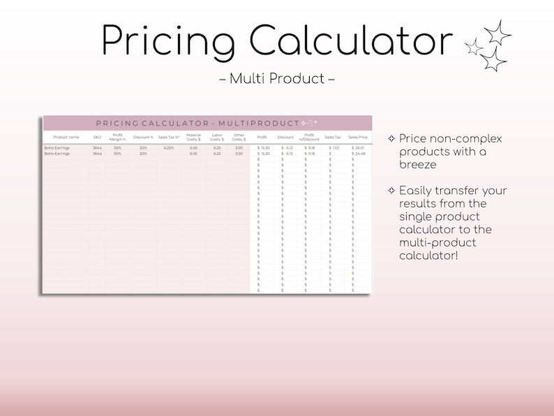 May include: A pink and white printable pricing calculator spreadsheet for multiple products. The spreadsheet includes columns for product name, sale price, profit margin, discount, sales tax, material costs, labour costs, other costs, and total costs. The spreadsheet also includes a section for notes.