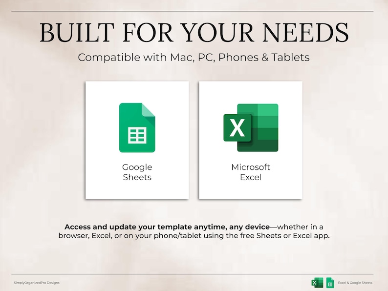 K&ouml;nnte beinhalten: Bild, das die Kompatibilit&auml;t mit Google Sheets und Microsoft Excel bewirbt. Der Text lautet &bdquo;BUILT FOR YOUR NEEDS&ldquo; und &bdquo;Compatible with Mac, PC, Phones & Tablets&ldquo;. Das Bild besagt auch &bdquo;Greifen Sie jederzeit und auf jedem Ger&auml;t auf Ihre Vorlage zu und aktualisieren Sie sie&ldquo;.