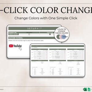 May include: Image shows a digital product interface with the text "1-CLICK COLOR CHANGE" and "Change Colors with One Simple Click." The interface includes a setup section, a YouTube tutorial, and a weekly meal planner. The interface has a white background with green and pink accents.