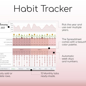 May include: A pink and white habit tracker spreadsheet with a graph, calendar, and daily habits list. The spreadsheet has 12 monthly tabs and is customizable with the ability to add or delete rows. The spreadsheet also has automatic week days and numbers.