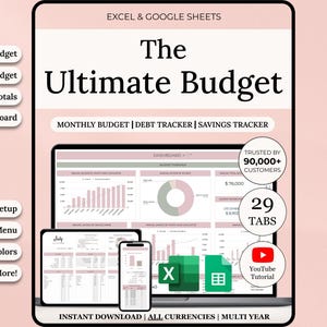 Puede incluir: Planificador de presupuesto digital con el título "The Ultimate Budget" que se muestra en una computadora portátil, tableta y teléfono. Incluye presupuestos mensuales y anuales, seguimiento de deudas y ahorros, y un panel inteligente.