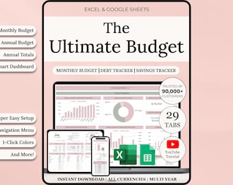 Ultimate Annual Budget Spreadsheet | Excel Google Sheets Budget Template | Monthly Budget Tracker | Debt Tracker | Financial Planner