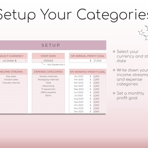 以下が含まれることがあります： 「Setup Your Categories」というタイトルのピンクと白の印刷可能なワークシート。ワークシートは、通貨の選択、開始日の設定、年間利益目標の設定、収入源のリスト、費用カテゴリのリスト、月間利益目標の設定など、Etsyショップの設定のためのセクションに分けられています。
