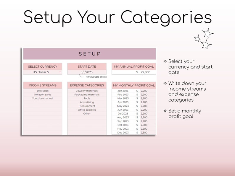 以下が含まれることがあります： 「Setup Your Categories」というタイトルのピンクと白の印刷可能なワークシート。ワークシートは、通貨の選択、開始日の設定、年間利益目標の設定、収入源のリスト、費用カテゴリのリスト、月間利益目標の設定など、Etsyショップの設定のためのセクションに分けられています。