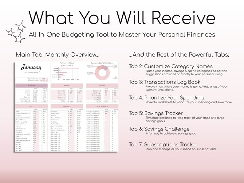 May include: A digital budgeting tool with a pink and white design. The title reads "What You Will Receive." The main tab is a monthly overview, with additional tabs for customization, tracking, and savings. Text includes "January" and "All-In-One Budgeting Tool."