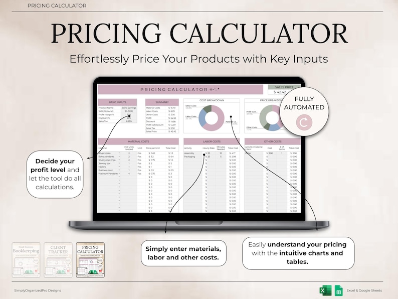 May include: A laptop screen shows a "PRICING CALCULATOR" spreadsheet. The screen displays data tables, charts, and the text "Effortlessly Price Your Products with Key Inputs." Additional text includes "Decide your profit level," "Simply enter materials," and "Easily understand your pricing."