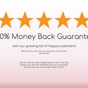 May include: Five orange stars with the text "100% Money Back Guarantee" and a message about joining a growing list of happy customers. The text also states that the company makes things easy for customers and offers a money back guarantee if they are not satisfied with their purchase.