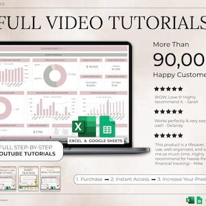 May include: A laptop screen displays financial dashboards with charts and graphs. Text reads "FULL VIDEO TUTORIALS" and "More Than 90,000 Happy Customers!" with testimonials. Icons for Excel and Google Sheets are also visible.