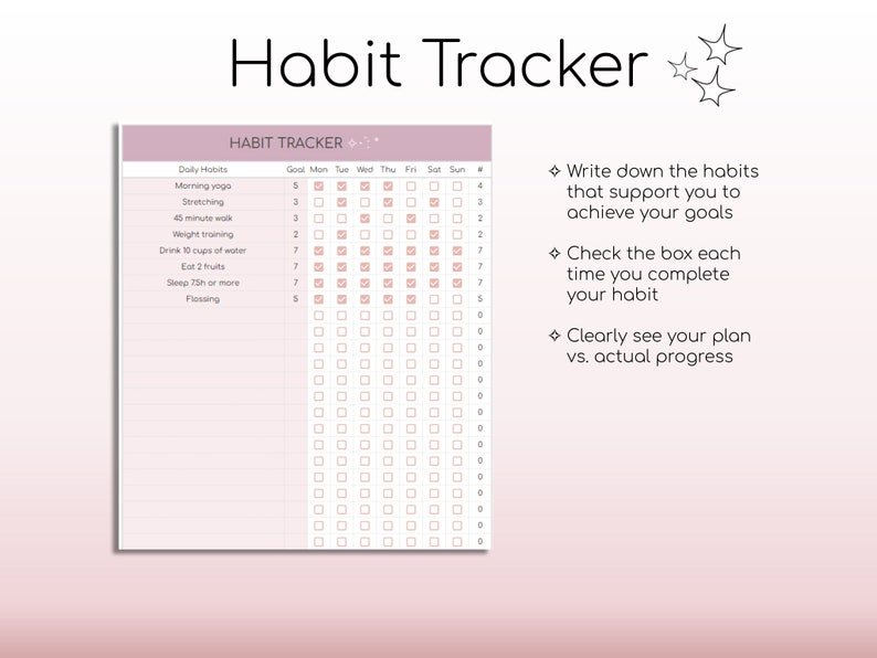 May include: A pink and white habit tracker printable with a checklist for daily habits. The habits include morning yoga, stretching, 45-minute walk, weight training, drinking 10 cups of water, eating 2 fruits, sleeping 7.5 hours or more, and flossing.
