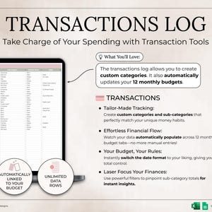 May include: A digital financial planning tool displayed on a laptop screen. The image features the text "TRANSACTIONS LOG" and highlights features like custom categories, automatic budget updates, and tailored tracking. The tool is designed for effortless financial flow.