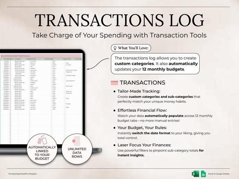May include: A digital financial planning tool displayed on a laptop screen. The image features the text "TRANSACTIONS LOG" and highlights features like custom categories, automatic budget updates, and tailored tracking. The tool is designed for effortless financial flow.