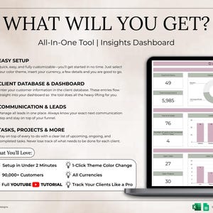 May include: A digital dashboard on a laptop screen, displaying client data, leads, and projects. Text includes "WHAT WILL YOU GET?" and "All-In-One Tool | Insights Dashboard." Features include easy setup, client database, and communication tools.
