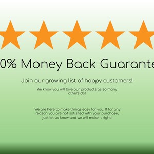 Puede incluir: Cinco estrellas doradas con el texto "100% Money Back Guarantee" y un mensaje para unirse a una lista creciente de clientes satisfechos. El texto dice "&iexcl;Sabemos que te encantar&aacute;n nuestros productos, como a tantos otros! Estamos aqu&iacute; para facilitarte las cosas. Si por alguna raz&oacute;n no est&aacute;s satisfecho con tu compra, h&aacute;znoslo saber y lo arreglaremos!"