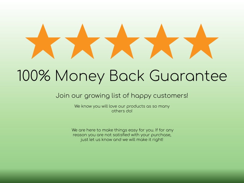 Puede incluir: Cinco estrellas doradas con el texto "100% Money Back Guarantee" y un mensaje para unirse a una lista creciente de clientes satisfechos. El texto dice "&iexcl;Sabemos que te encantar&aacute;n nuestros productos, como a tantos otros! Estamos aqu&iacute; para facilitarte las cosas. Si por alguna raz&oacute;n no est&aacute;s satisfecho con tu compra, h&aacute;znoslo saber y lo arreglaremos!"