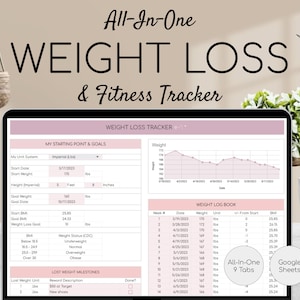 Tracker di perdita di peso e fitness / Fogli Google / Tracker di calorie / Pianificatore di pasti / Tracker di abitudini / Pianificatore di allenamento digitale