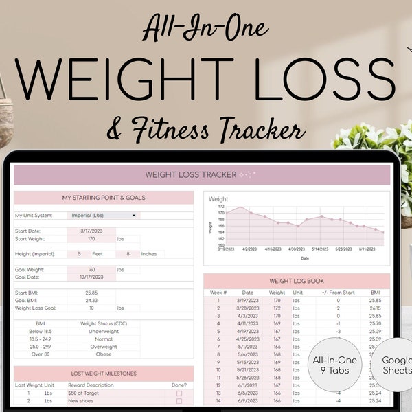 Tracker di perdita di peso e fitness / Fogli Google / Tracker di calorie / Pianificatore di pasti / Tracker di abitudini / Pianificatore di allenamento digitale