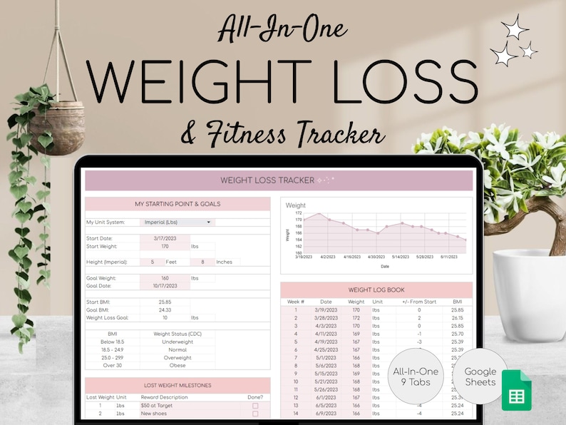 Weight Loss & Fitness Tracker Google Sheets Calorie Tracker Meal Planner Habit Tracker Digital Workout Planner image 1