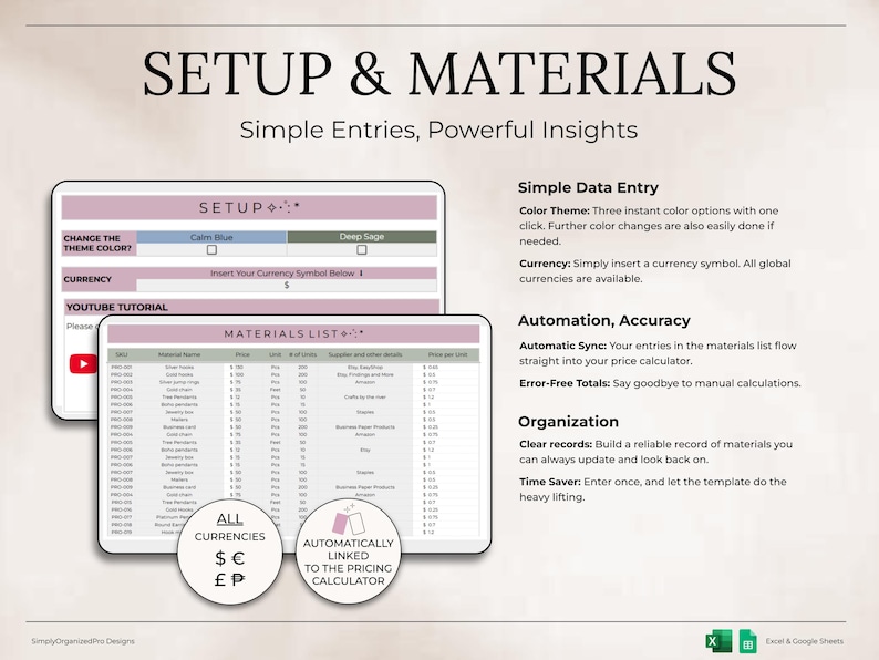May include: A digital spreadsheet template with the text "SETUP & MATERIALS" and "Simple Entries, Powerful Insights." The template includes sections for color themes, currency, and a materials list. Features include automatic sync and error-free totals.