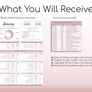 May include: A pink and white printable budget planner with the title "What You Will Receive" and a list of features including 12 ready-made monthly overviews, a transactions log book, easy-to-follow instructions, graphs to get insight into your finances, a log book to fill in your transactions, and income and expenses plan vs. actuals.