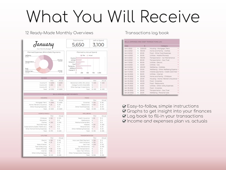 May include: A pink and white printable budget planner with the title "What You Will Receive" and a list of features including 12 ready-made monthly overviews, a transactions log book, easy-to-follow instructions, graphs to get insight into your finances, a log book to fill in your transactions, and income and expenses plan vs. actuals.